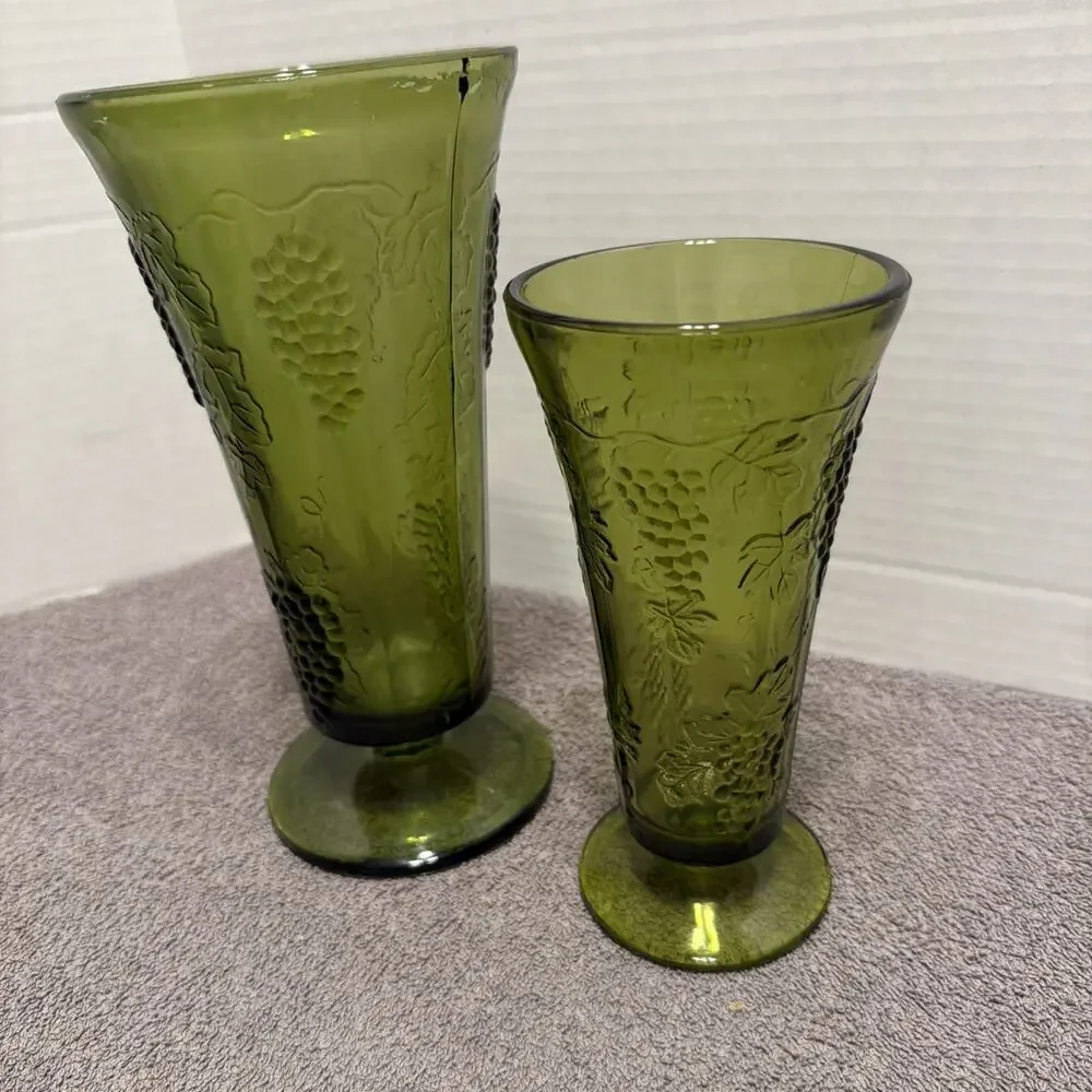 2 Vintage Green Glass Grape Pattern Vases Textured Decorative, Footed Flared top